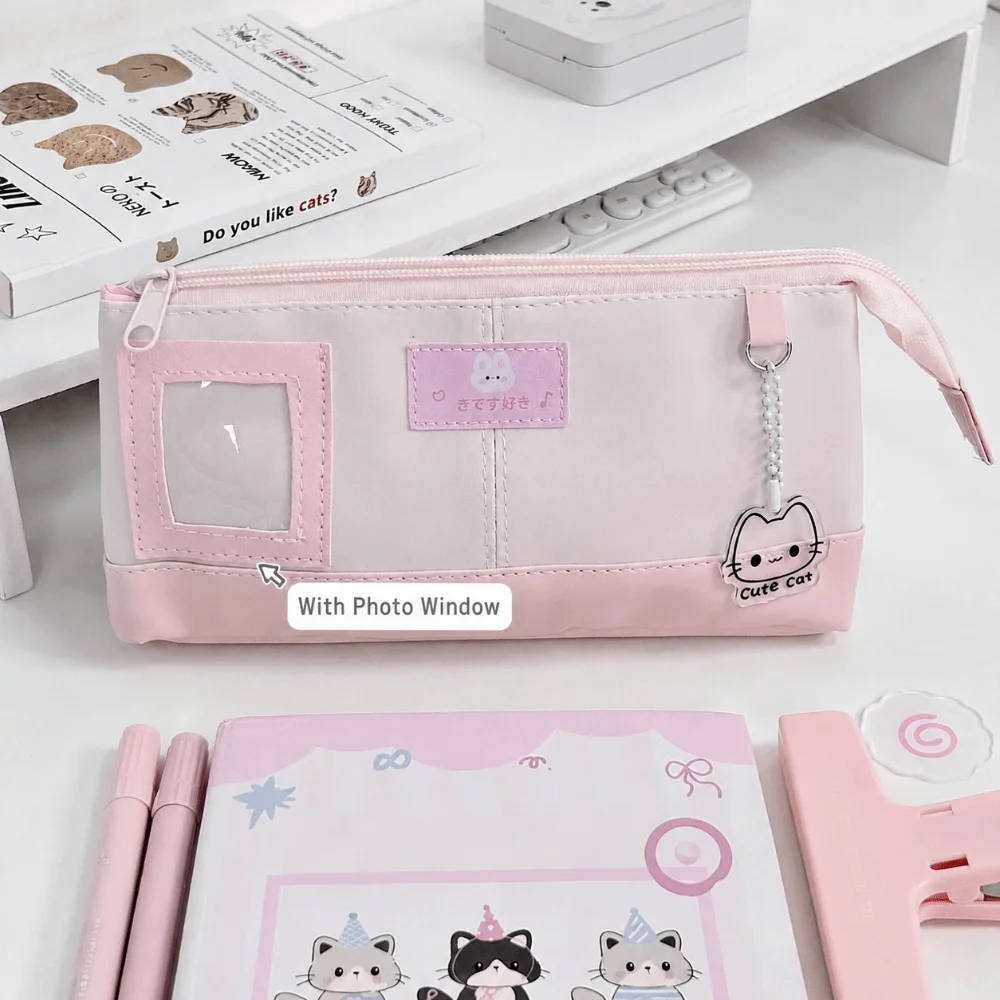 Kawaii PU Pencil Case Pink Large Capacity Pen Bag Rabbit Print with Photo Window Stationery Pouch Students