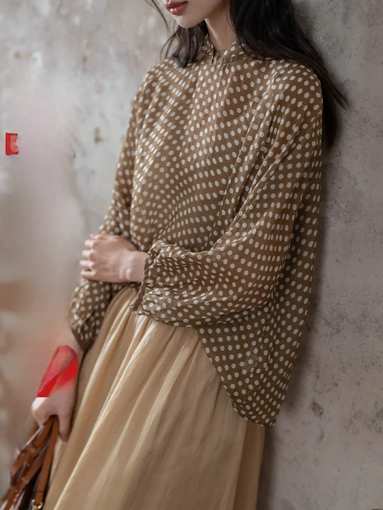 

Original 00% Pure Silk Yellow White Polka Dot New Chinese Sle Cover up Top High Quali Straight Cut T-irt