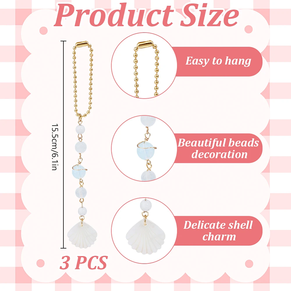 3Pcs Sea Shells Car Charm Beach Rear View Mirror Hanging Charm Cute Boho Car Decor Accessories Ocean Themed Beads Pendant