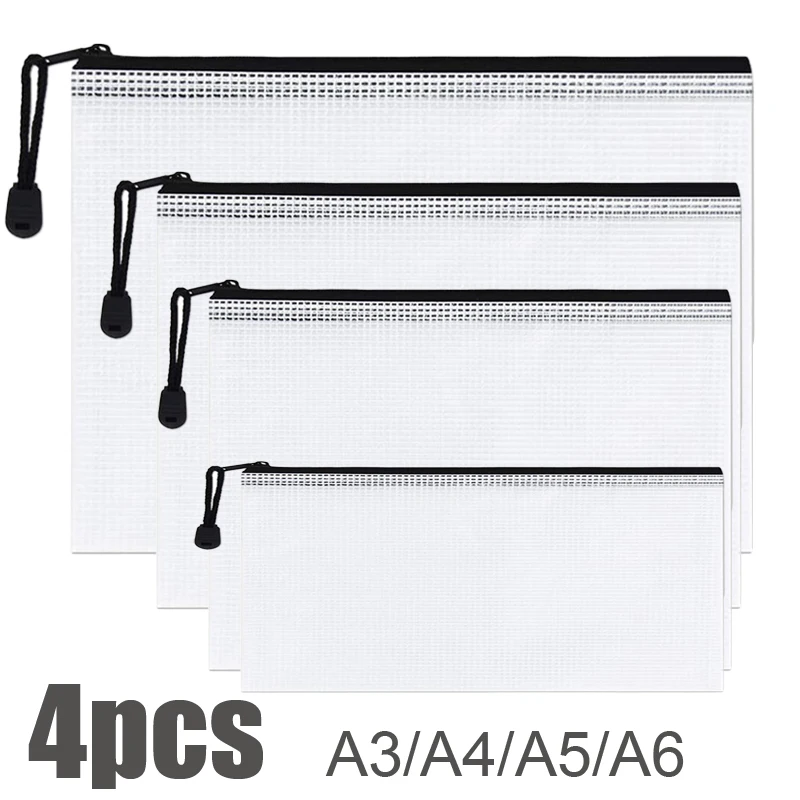 4PCS Stationery Storage Folder File Mesh Zipper Pouch A3 A4 A5 A6 Document Zip File Folders School Office Supplies Makeup Bags