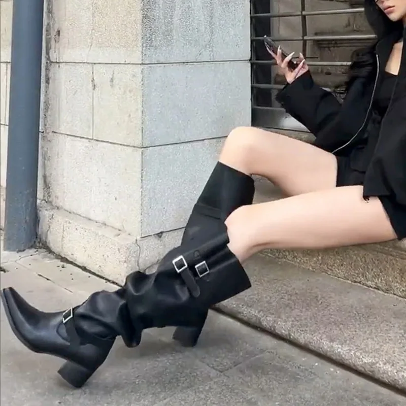 Women Pointed Toe Thick Heel Knight Boots Women Fashion Long Tube Boots Belt Buckle Popular Tube Boots Winter Warm Rubber Sole
