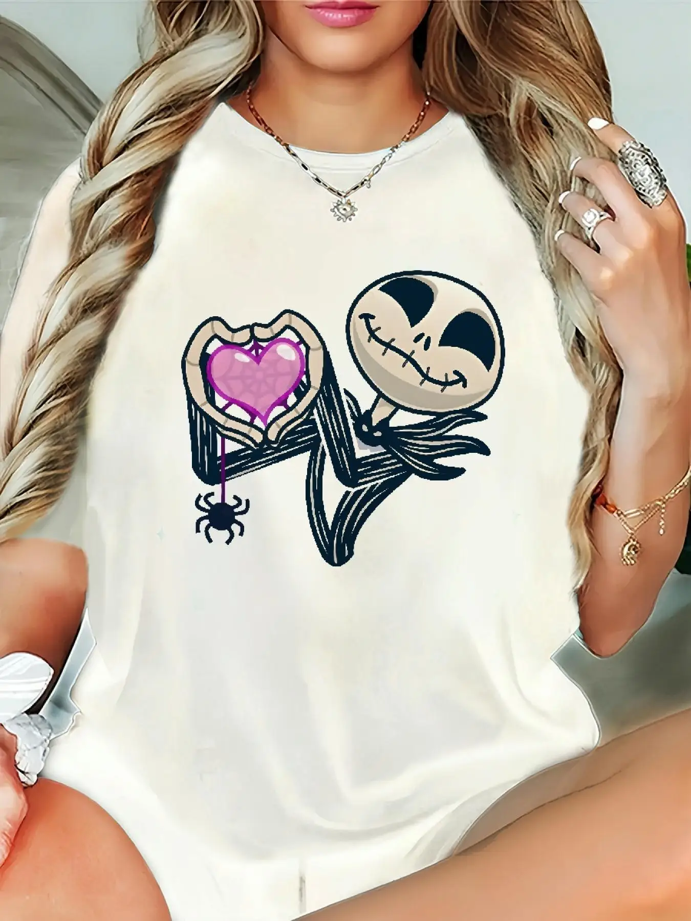 

Disney Christmas Eve Scar Women's T-shirt - Tim Inspired Jack Skelington and Sally Pattern Short Sleeve Round Neck