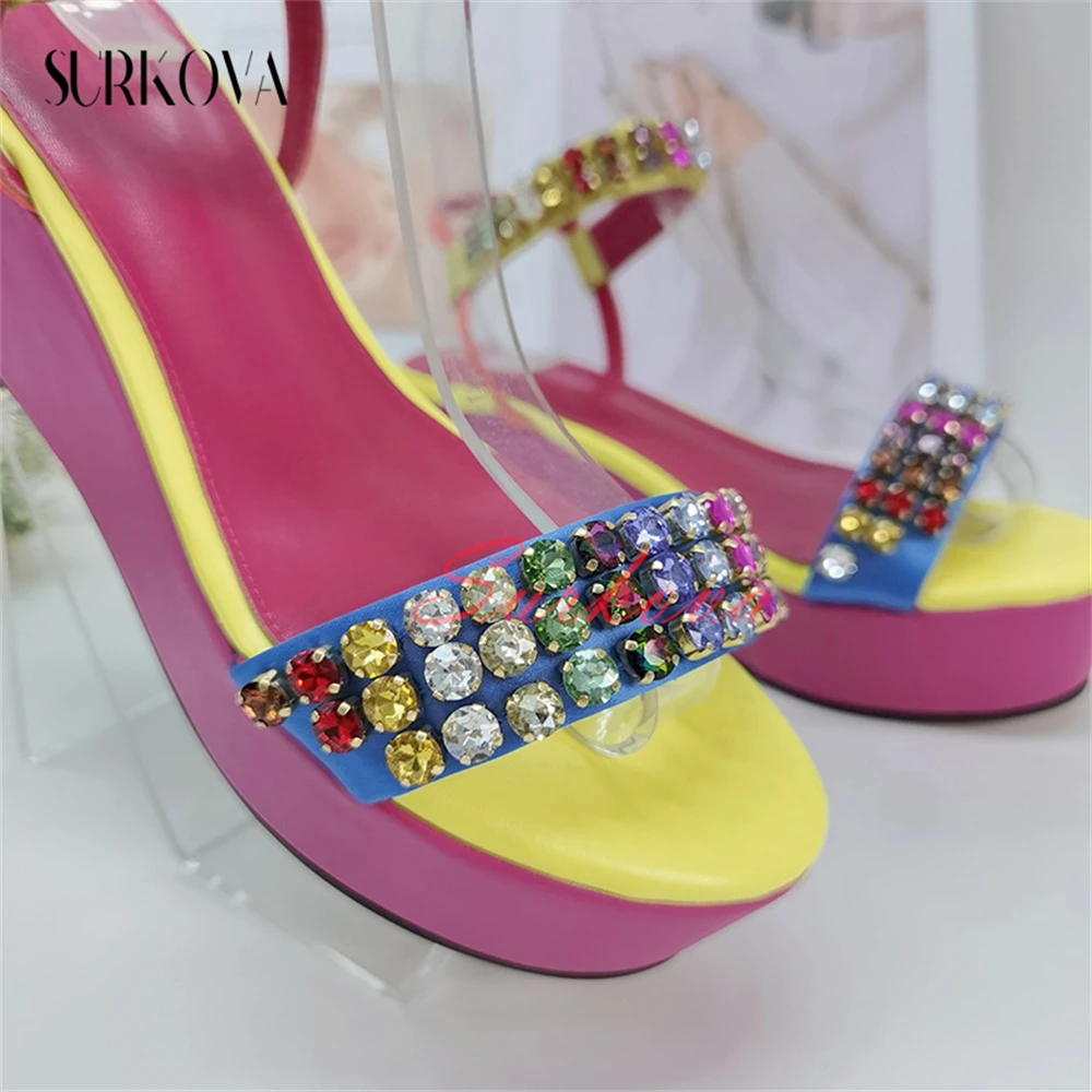 Colorful Gemstone Ankle Strap Open Toe Sandals Flat Wedge Beach Vacation Height Increasing Sandals Summer Fashion Women's Shoes