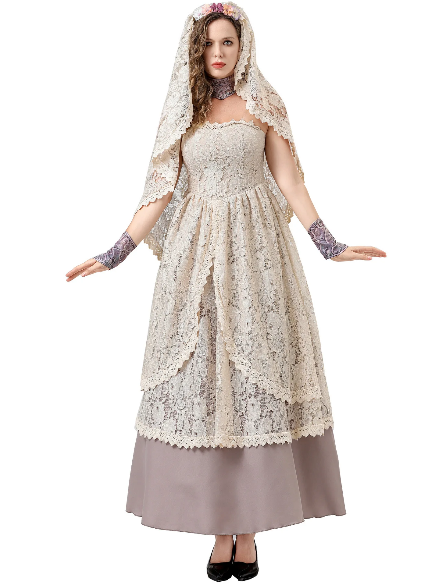 

loween Wedding Dr ey Lace Bridal Veil Bride Cosplay Festival Par orm Long Dr Women's Costume
