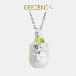 GEEZENCA 925 Silver Natural Baroque Pearl Peridot Pendant Necklace For Women Irregular Geometric Chic Chokers Necklaces 2023 New