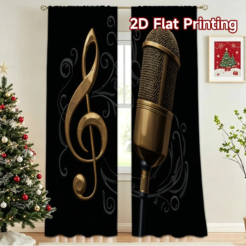 2D flat 2pcs Curtain French Romantic Style Golden Microphone Treble Clef Digitally printed polyester, colorfast Party