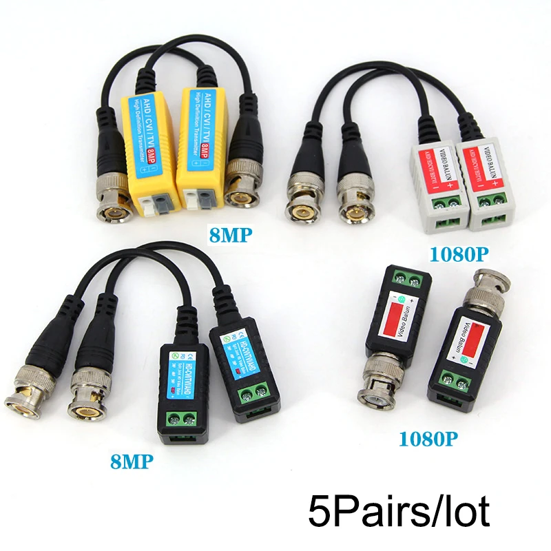 5 pares 4 tipos 1080P 8MP vídeo pasivo Balun RJ45 CCTV transceptor coaxial BNC fuente conectores de alimentación para cámara HDTVI AHD