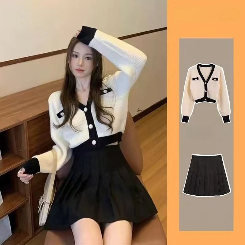 

V Neck Solid Color Long Sleeve Knit Cardigan Top Suit + High Waist Slim Pleated Skirt Sets Outfits Women 2 Pieces Set Q135