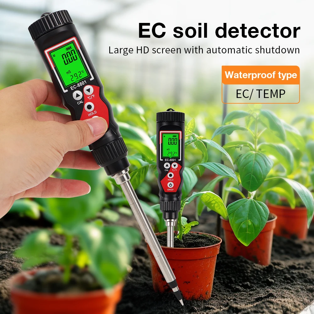 LCD Digital Soil Tester 0.00-10.00mS/cm Soil EC Meter Handheld EC/TEMP 2 In 1 Soil Detector ATC Temp Detection for Garden Farm