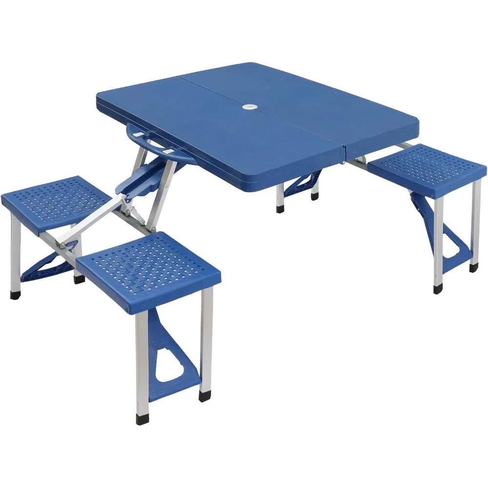 

Siamese Folding Tables and Chairs 53"x 32" x 26" Portable Suitcase Camping Table with Umbrella Hole 4 Seats (Plastic)