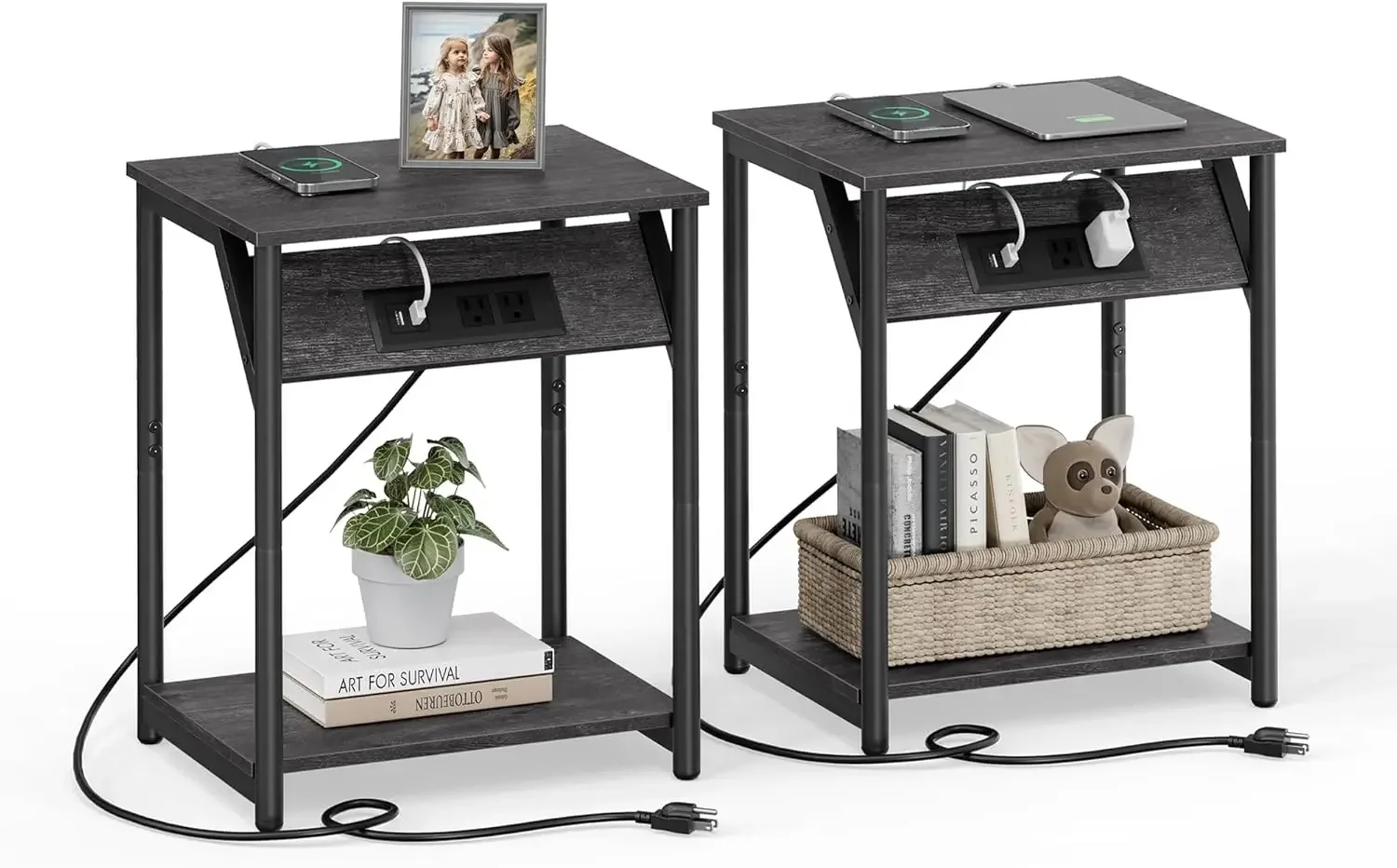 

End Table with Charging Station, Set of 2, Small Side Tables for Living Room, Bedroom, Nightstand with Outlets and USB Ports