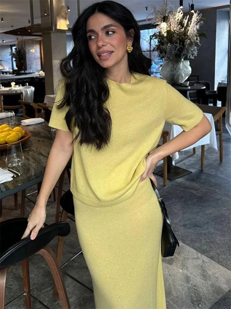Fmxires Knit Fashion Long Skirt Outfits Women's Short Sleeve Sweater Pullover Top And Solid Maxi Skirt 2 Piece-Set Knitwear Sets