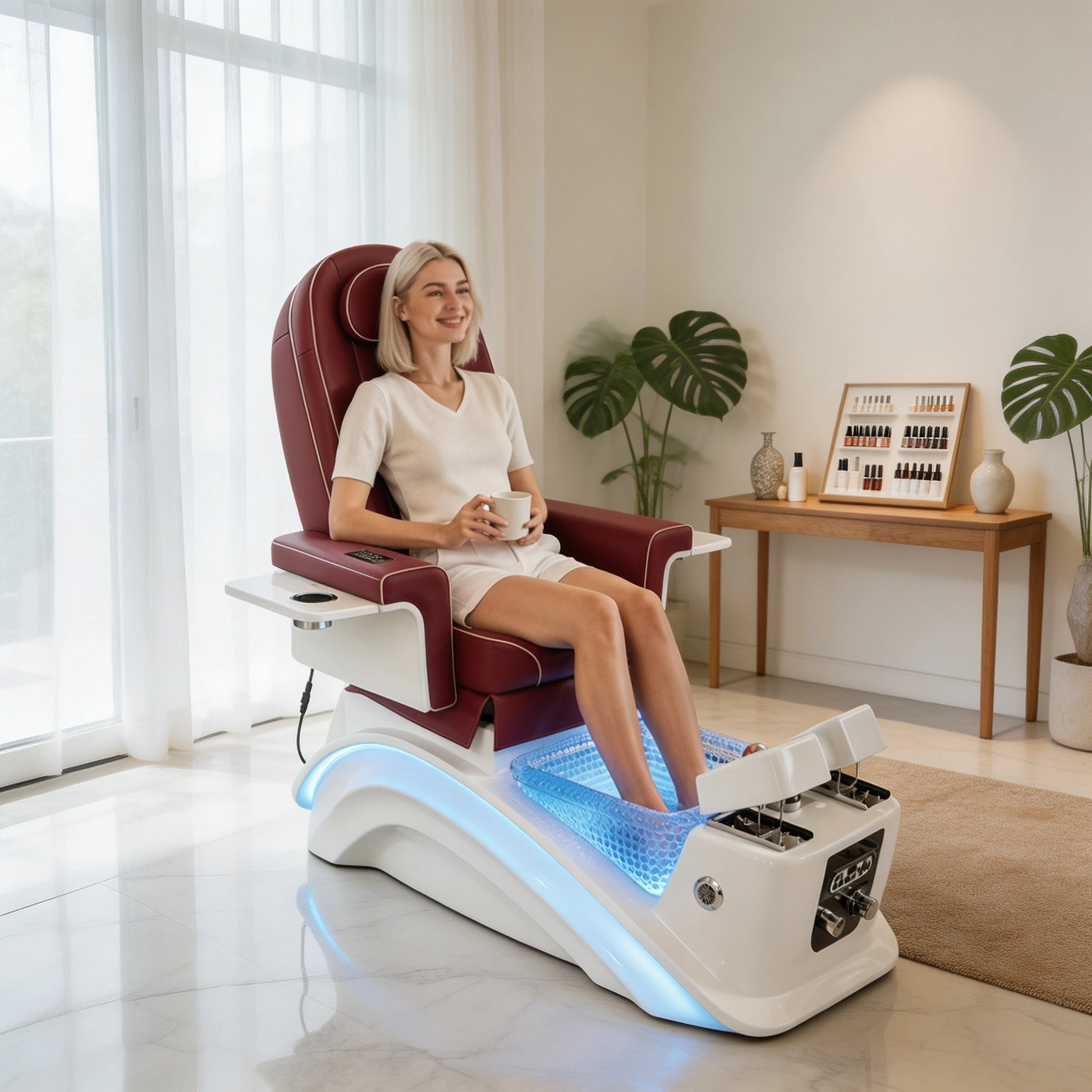 Burgundy Pedicure Chair Spa Massage Chair with LED Light Foot Basin Adjustable Backrest for Salon Nail Studio