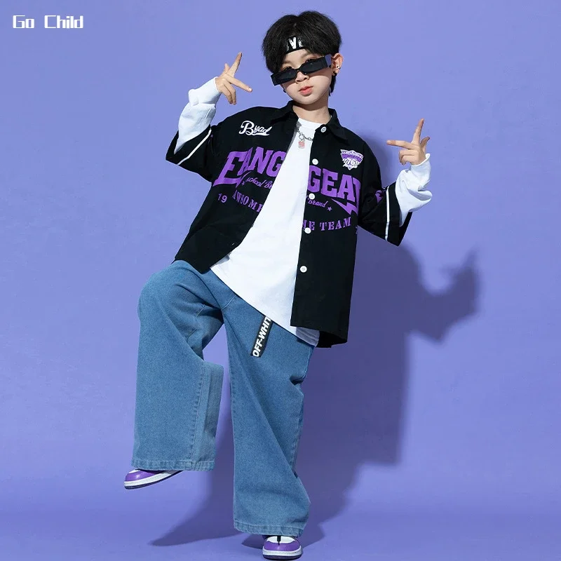 Boys Hip Hop Short Sleeve Shirt Baggy Jeans Girls Street Dance Jacket Loose Pants Clothes Set Kids Streetwear Child Jazz Costume