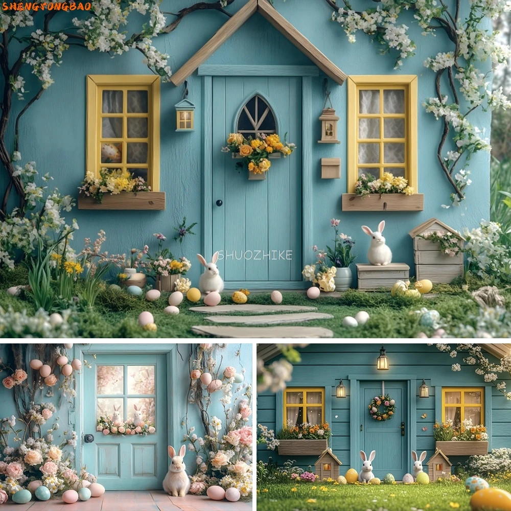 

Bunny Easter Backdrops Spring Easter Eggs Garden Flower Blue Cabin Kids Birthday Party Portrait Decor Photography Background