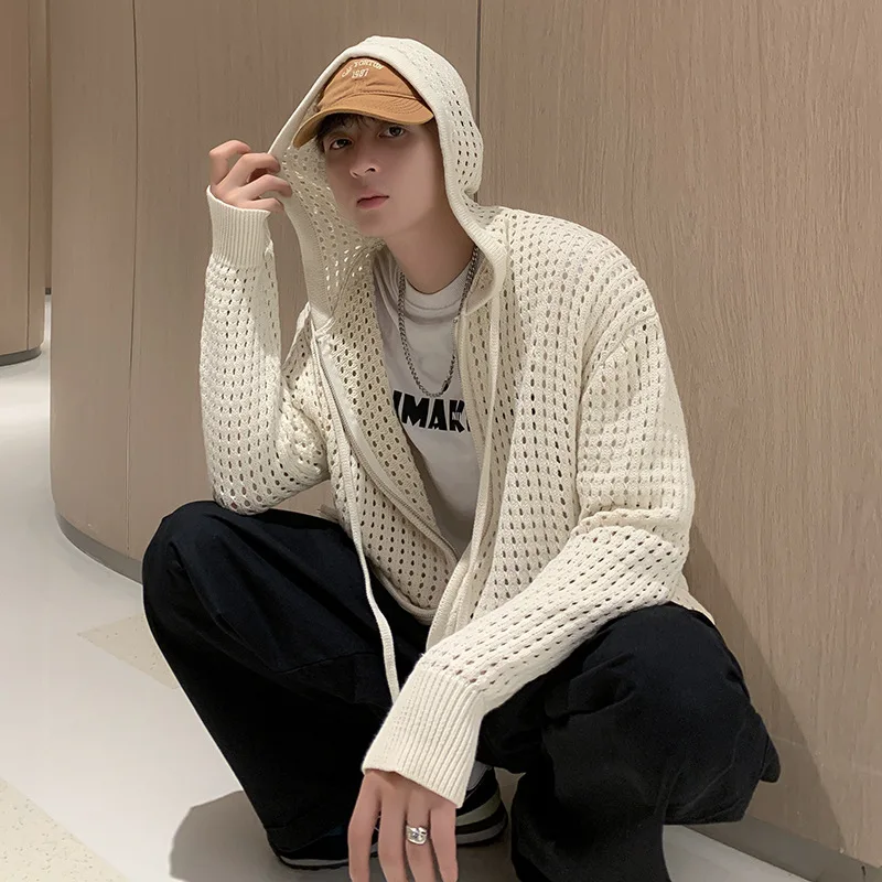 

Hollow Knitted Sweater Men's Cardigan Loose Hong Kong Style Personalized Hooded Top