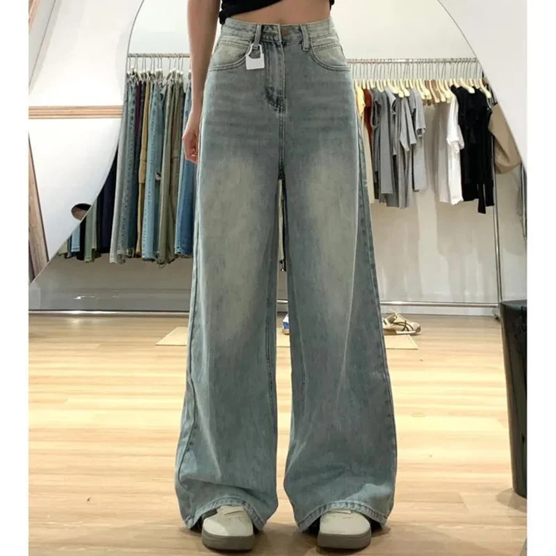 Women Retro Fashion Straight Leg Jeans Female Korean High Waist Loose Trousers Girls Solid Color Leisure Denim Pants