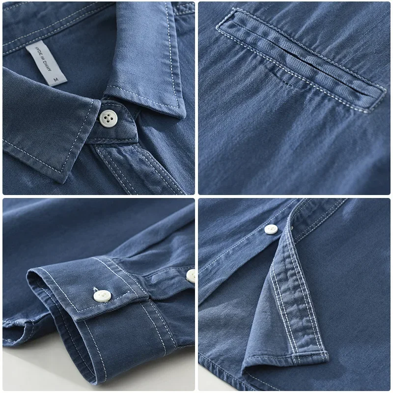 Japanese Retro Jean Shirts Male Spring Fall New Denim Shirt Men Pure Cotton Cowboy Top Square Collar Shirt Casual Button Jacket
