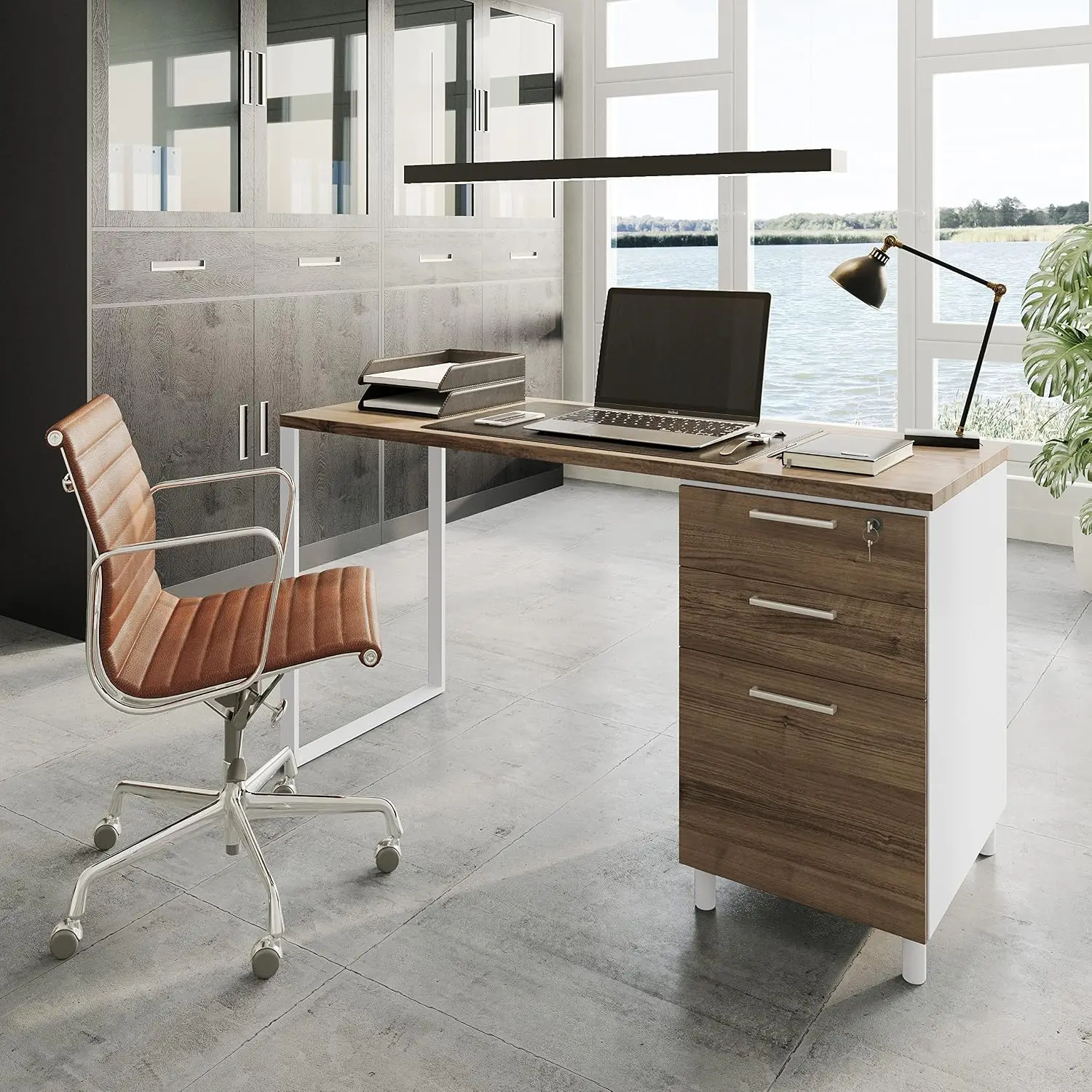 Modern Design Milano Office Desk with 3 Locking Drawers, 48 Inch White and Walnut Industrial Wood Desk with Filing, Customized