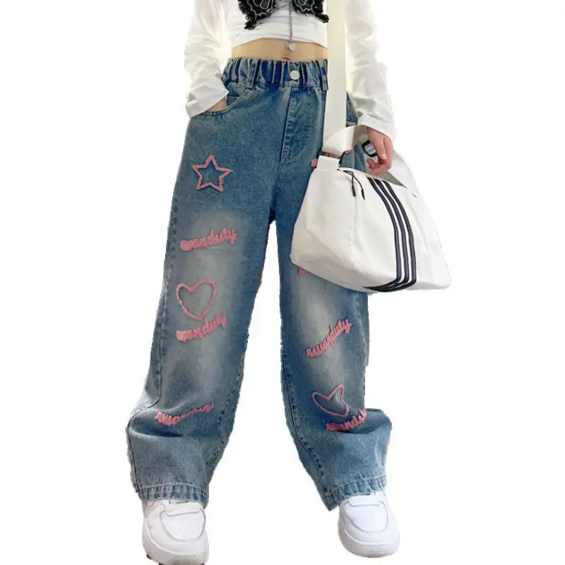 2024 Kids Fashion Long Jeans Girls School Wide Leg Pants with Heart Star Design Casual Loose Children Korean Style Trousers