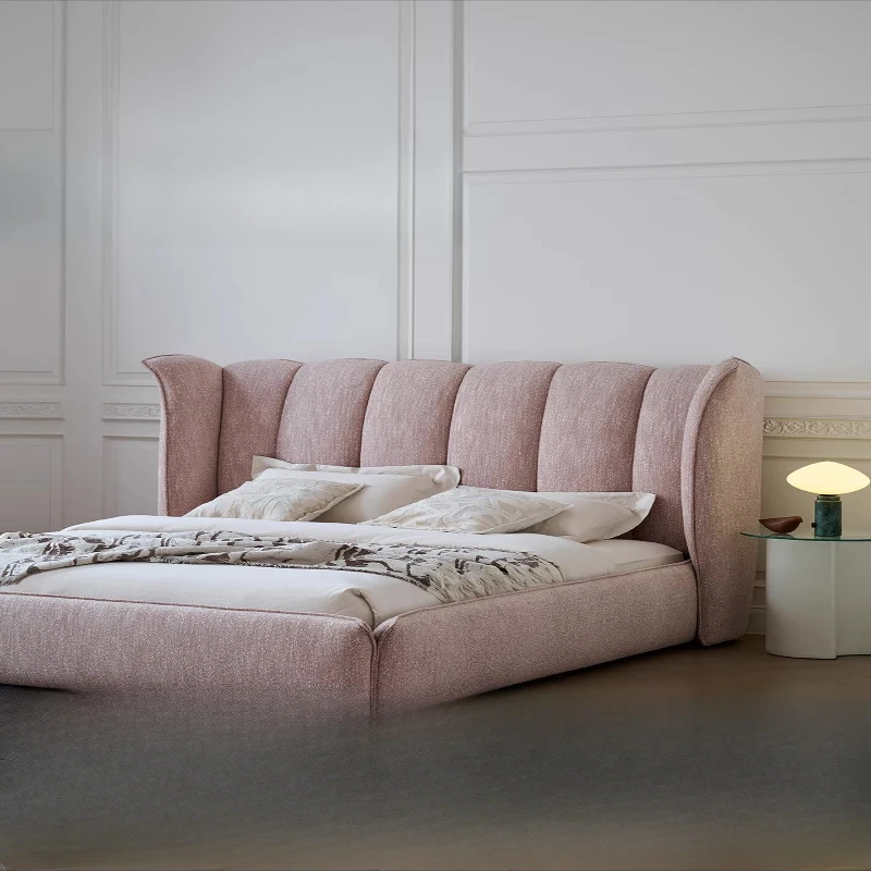 

French retro style master bedroom fabric floor double bed modern simple soft bag bed