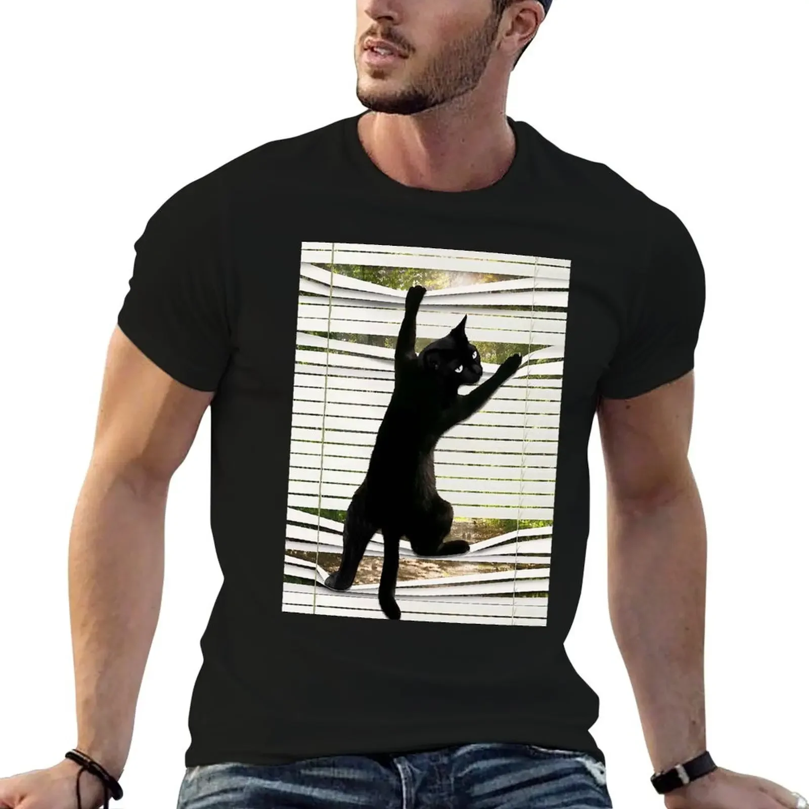 Funny Black Cat Climbing Out Window Cat gift T-Shirt graphic tee shirt man t shirt mens clothes