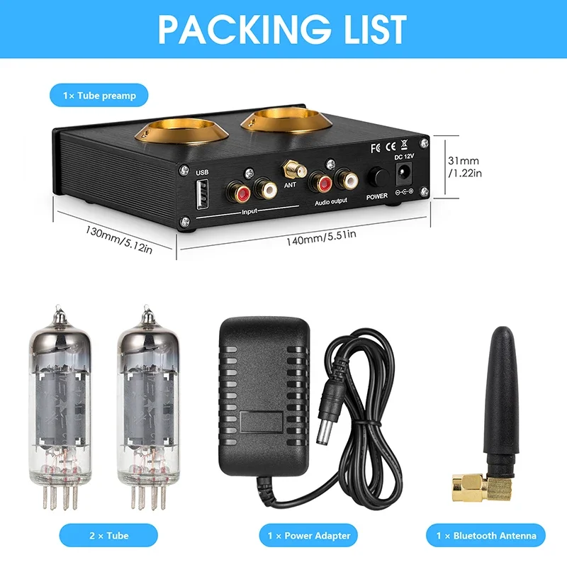 Audiophile Tube Preamplifier 6K4 Tube Bluetooth 5.0 USB 입력 다기능 프리 앰프 고베이스 조정 헤드폰 출력