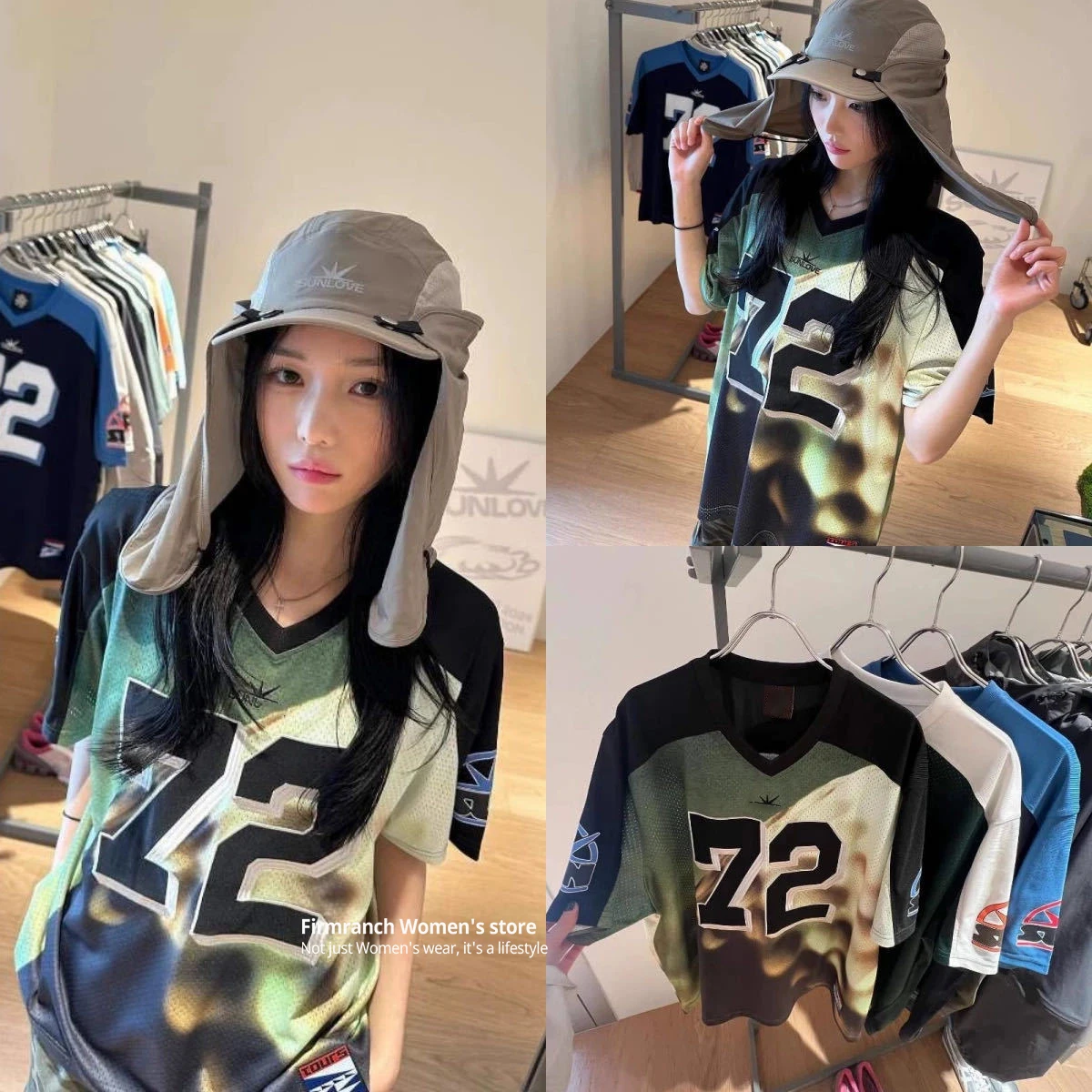 Firmranch 2024 Korean Jennie Outfit Oversized V-neck Meshes Jersey Summer Short-sleeved T-shirts For Women Casual Sport Tees