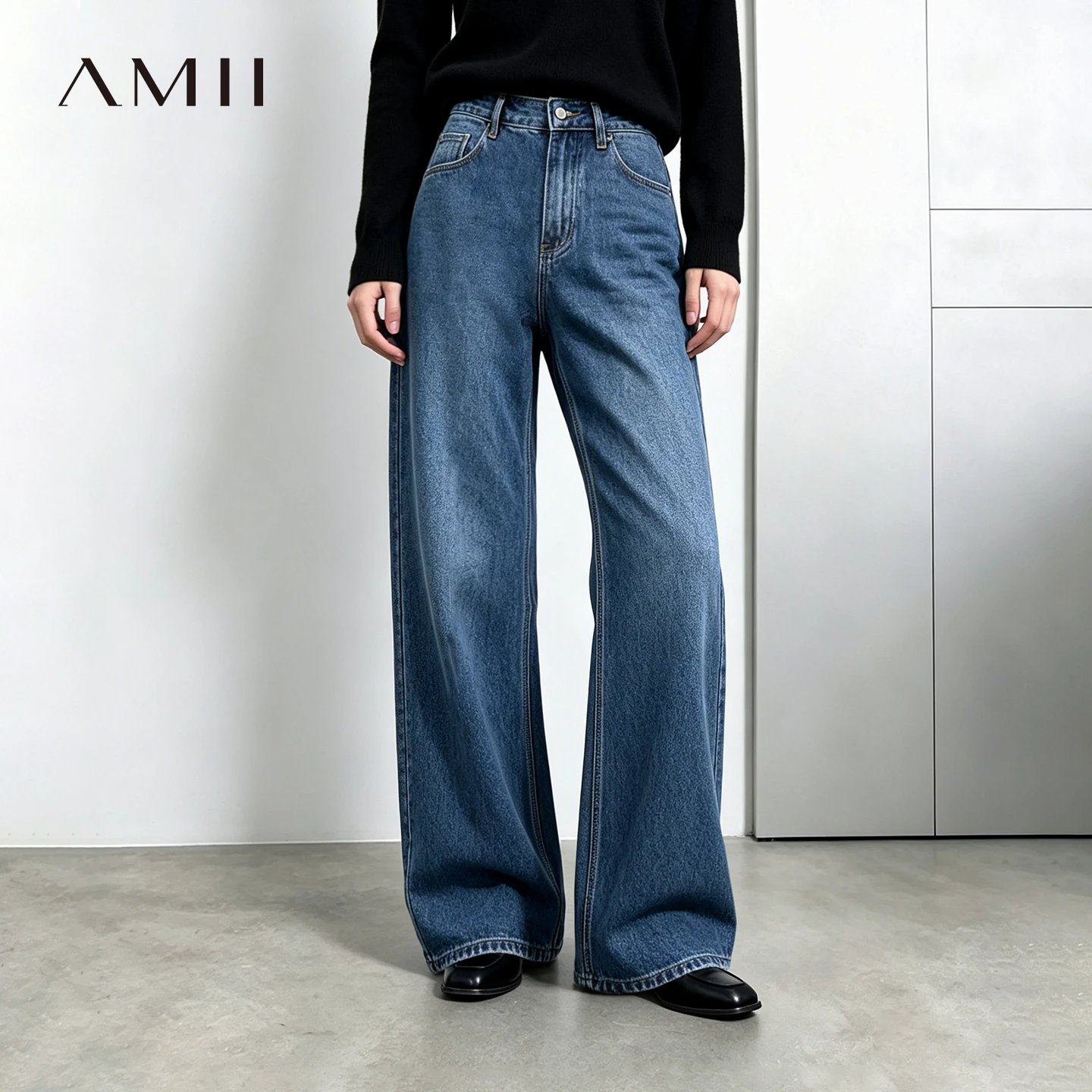 AMII Women's Jeans 2026 Winter Casual Versatile Vintage Washed Wide Jeans Breathable Cotton Loose Denim Woman Trousers 12644083