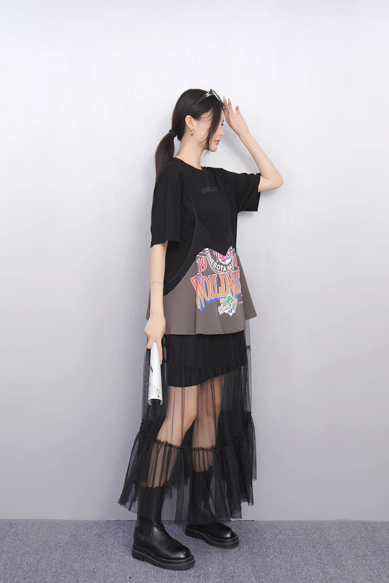 2025 여름 패션 우아한 느슨한 인쇄 메쉬 긴 드레스 여성 짧은 소매 티셔츠 드레스 숙녀 도매 J1120