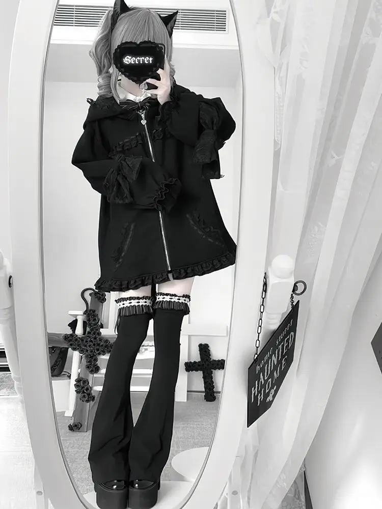 سترات هاراجوكو القوطية ذات الثقافة الفرعية باللون الأسود Y2k معطف أذن لطيف ورائع للنساء لربيع وخريف 2025 قطع علوية فضفاضة جديدة Mujer