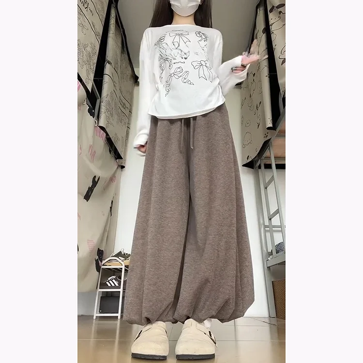 카라멜 레이지 니트 라이스 누들 팬츠 여성용 가을 겨울 신상 슬림 에이지 리덕션 패션 드레이프 플러피 버드 스커트 팬츠