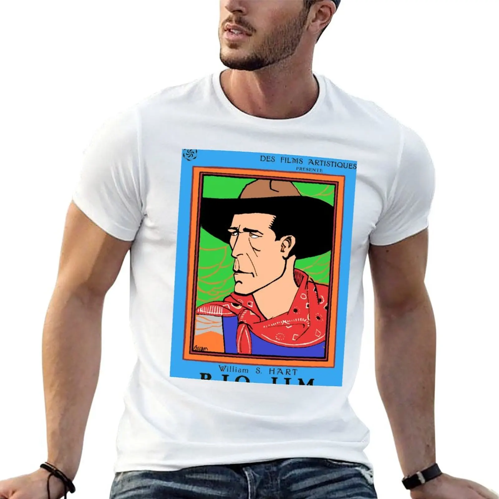 WILLIAM S. HART 1920's French movie poster art Newly colored T-Shirt cotton t shirt pack man t shirts cotton T-Shirt