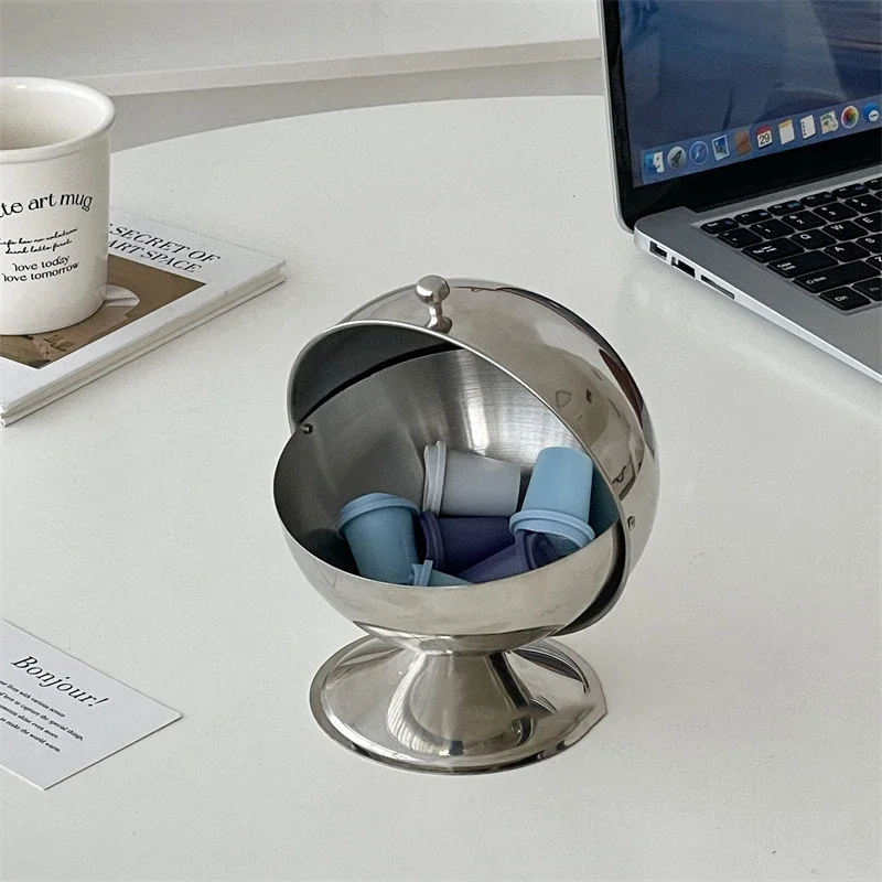 Light Luxury Stainless Steel Sphere Flip-top Storage Box Capsule Coffe Jar Tabletop Jewelry Container Living Room Decoration
