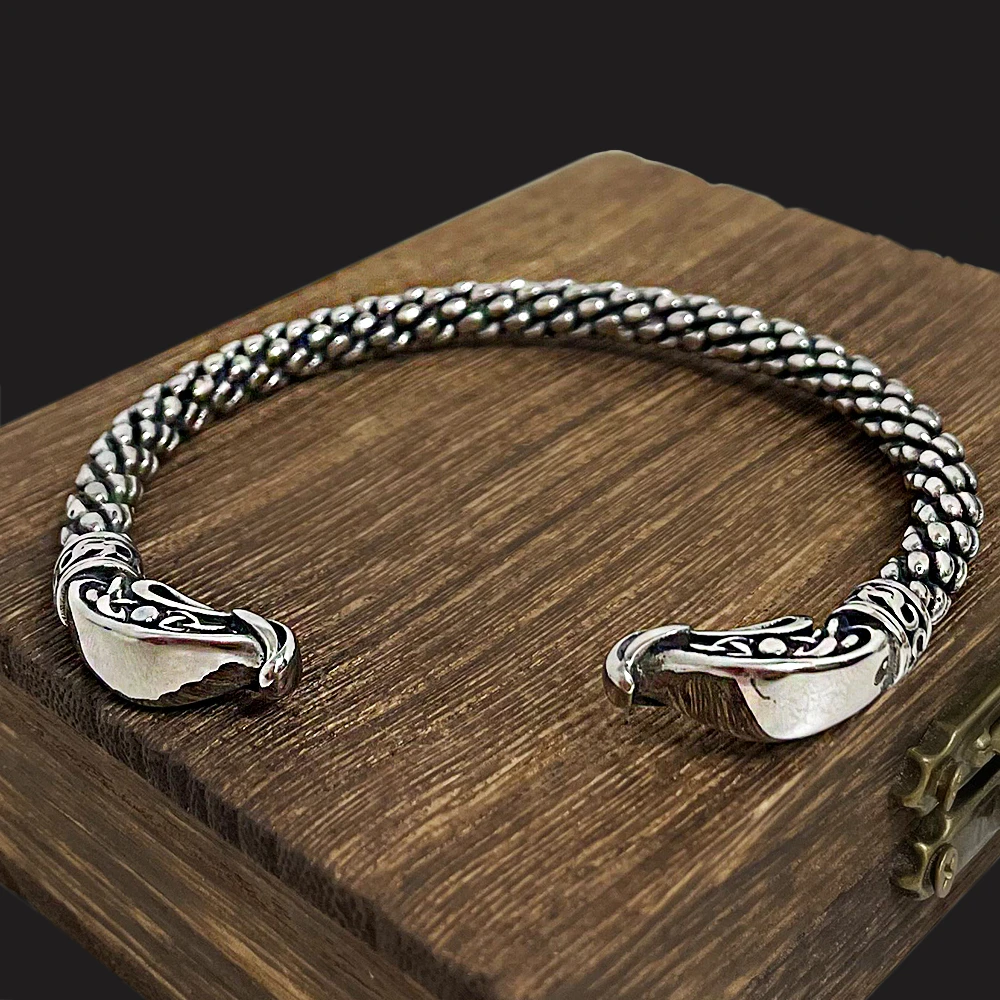 Punk Stainless Steel Viking Dragon Open Bracelets Men Gun Black Norse Runes Cuff Bangles Scandinavian Jewelry Vintage Male Gifts