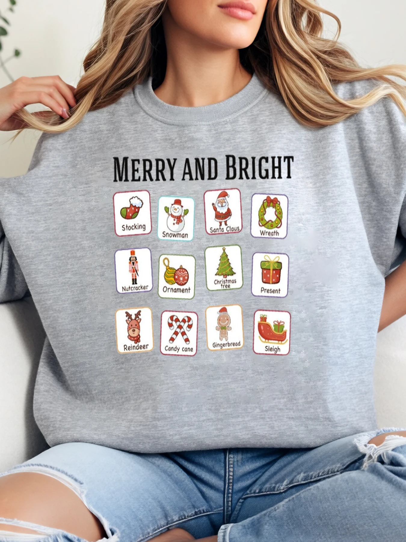 عيد ميلاد سعيد ومشرق الرموز طباعة Crewneck البلوز المرأة عطلة ملابس غير رسمية زائد الحجم