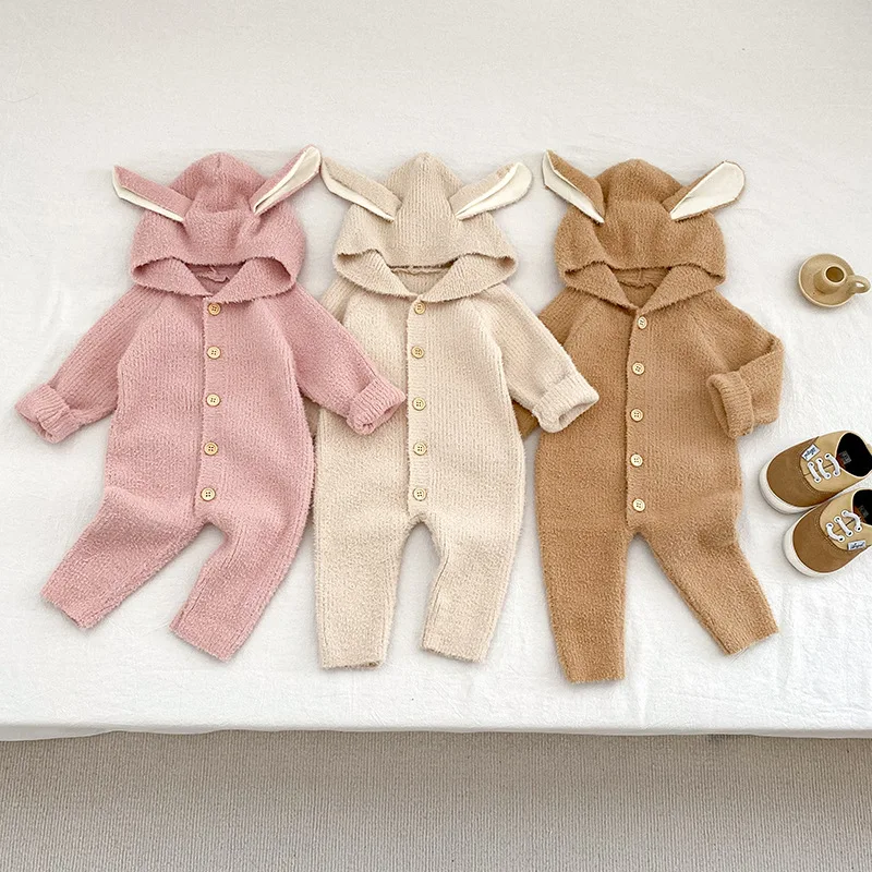 

2025 Autumn Winter Baby Bodysuit Fleece Hooded Romper Cute Outfit for Newborn 1st Birthday Party Warm Soft Jumpsuit 0-24 Months