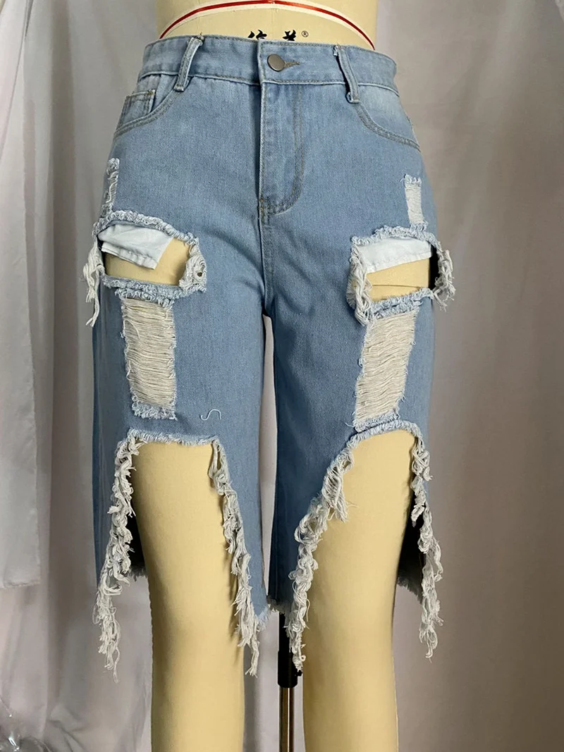 Na altura do joelho, shorts jeans largos para mulheres, buraco rasgado sexy, jeans curtos retos soltos, streetwear de moda indie, plus size, 2023