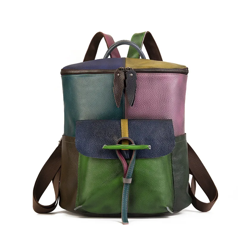 

Patchwork Genuine Leather Backpack Woman Real Cow Leather Shoulder Bags Fashion Ladies Cowhide Travel Tote Bag