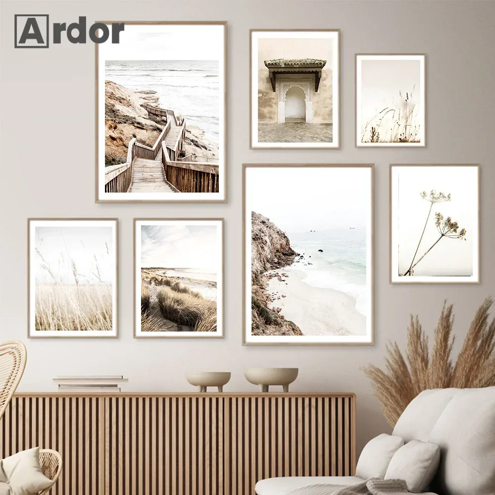 Beige Sea Landscape Canvas Print Beach Poster Wooden Bridge Hay Flower Wall Art Painting Nordic Wall Pictures Living Room Decor