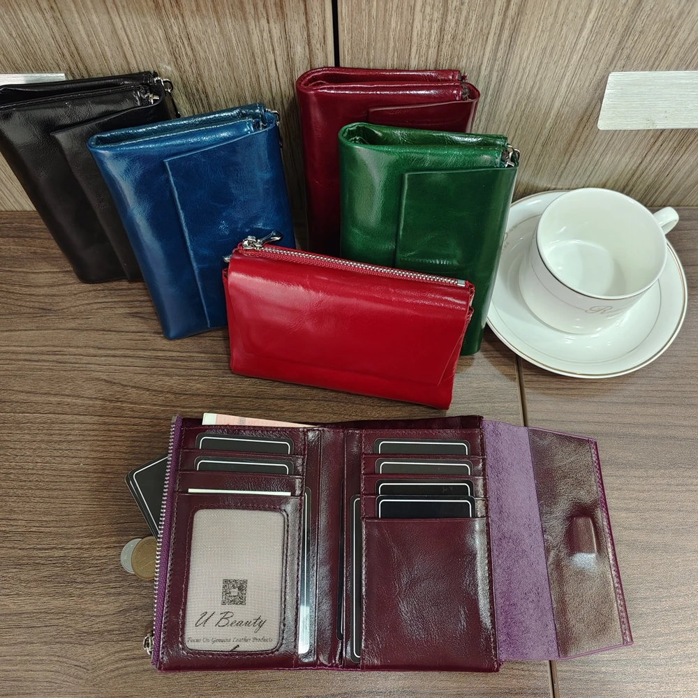 Vintage Oil Waxed Genuine Cow Leather Short Wallet Women High Quality Retro Cowhide Flap Over ID Card Holder Money Bag Purse