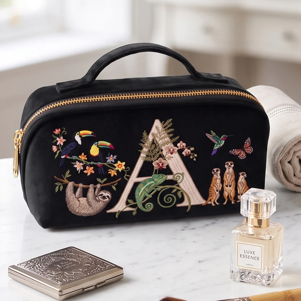 Samt-Kosmetiktasche für Damen, luxuriöser Make-up-Organizer, Kosmetik-Aufbewahrungsbeutel, Imitationsstickerei, Buchstabenmuster. – Detail 4