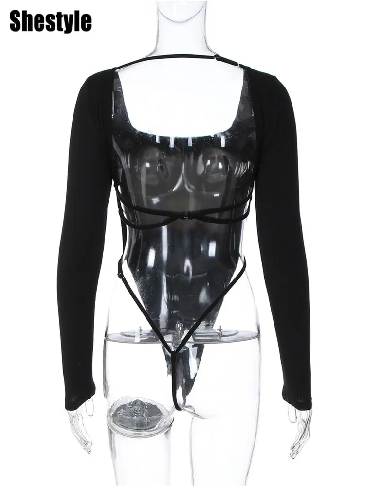 Shestyle عارية الذراعين عالية الخصر ثونغ المرأة ارتداءها الصلبة مثير الخصر طويلة الأكمام النادي الليلي الملابس الداخلية ساحة الرقبة تي شيرت