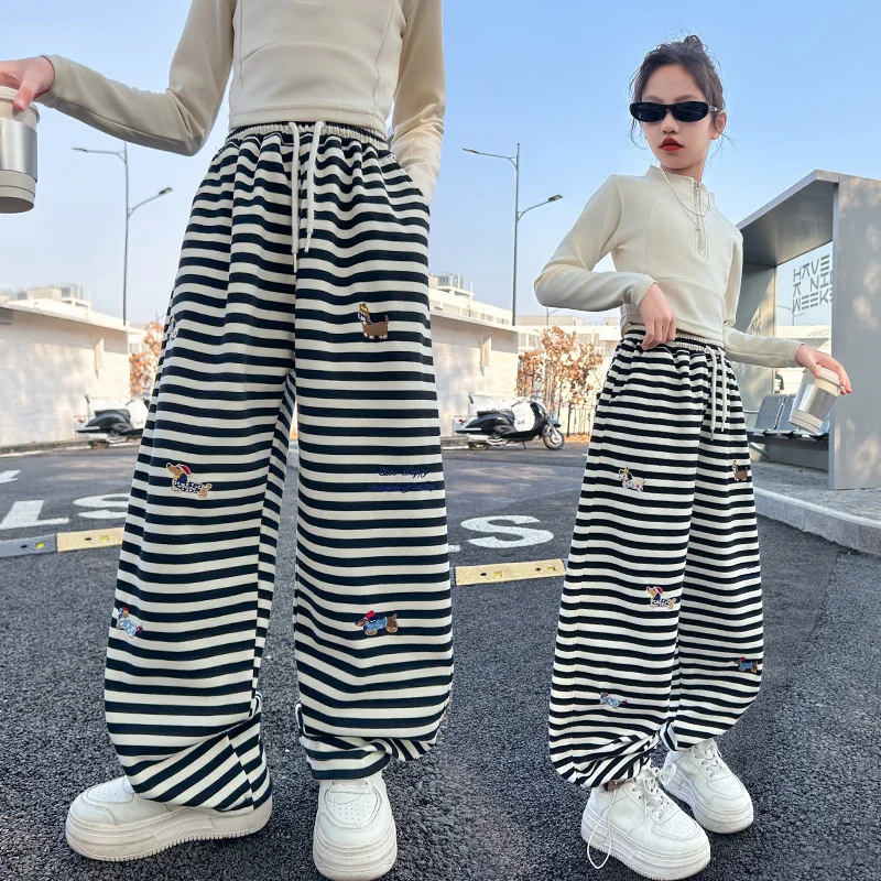 

Girls Long Pants Kids Y2k Style Fashion Pants With CatoonDog Embroidery Teenage Child Pants Toddler Wide-Leg Trousers Ages 4-14Y