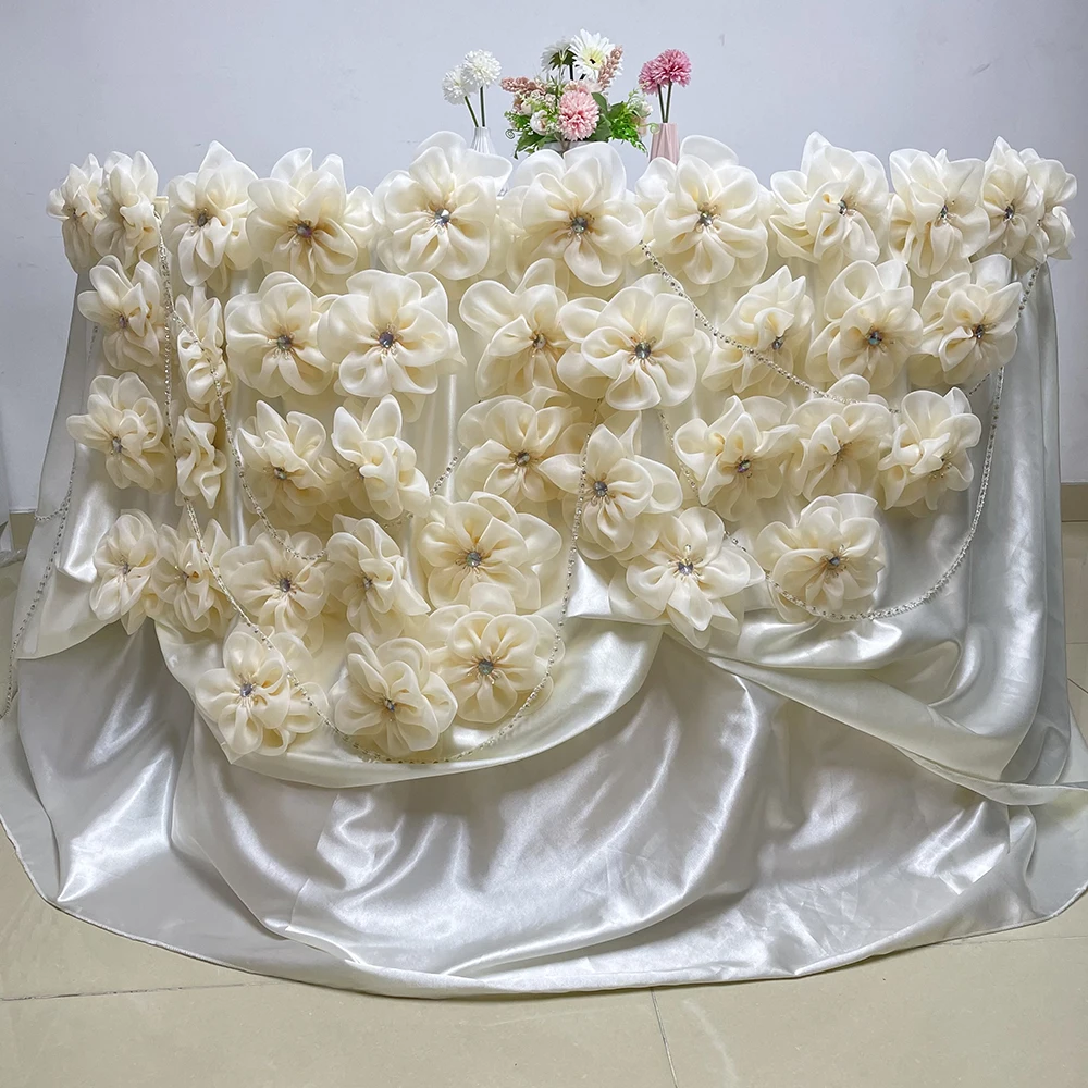 New Design with Flowers Table Skirting ,Customized Wedding Table Skirts Decoration