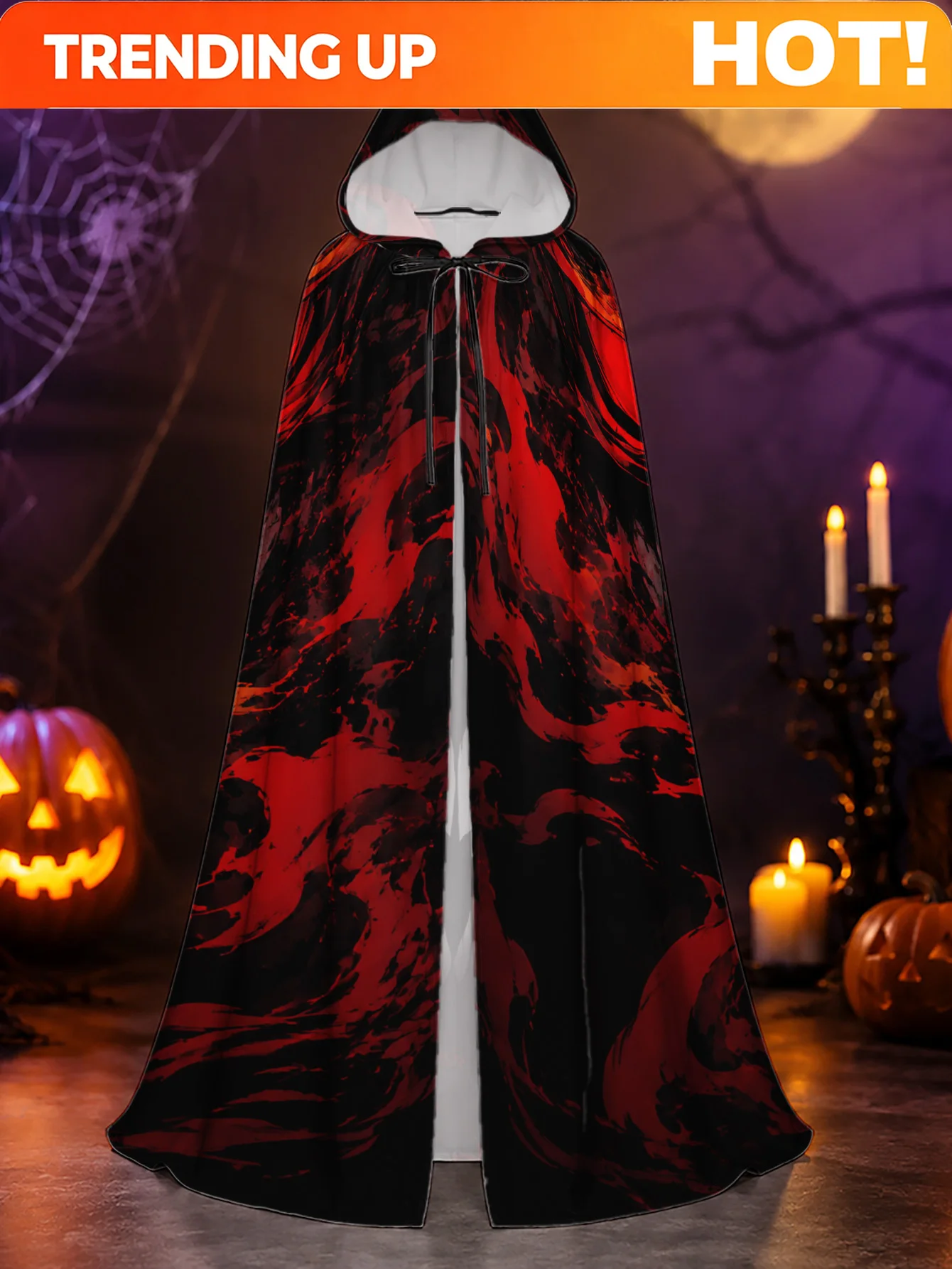 Customization 1pc Fiery Red Demon Hooded Cloak Costume - Durable Polyester Hooded Robe With Abstract Demon Face Mask, Loose Fit