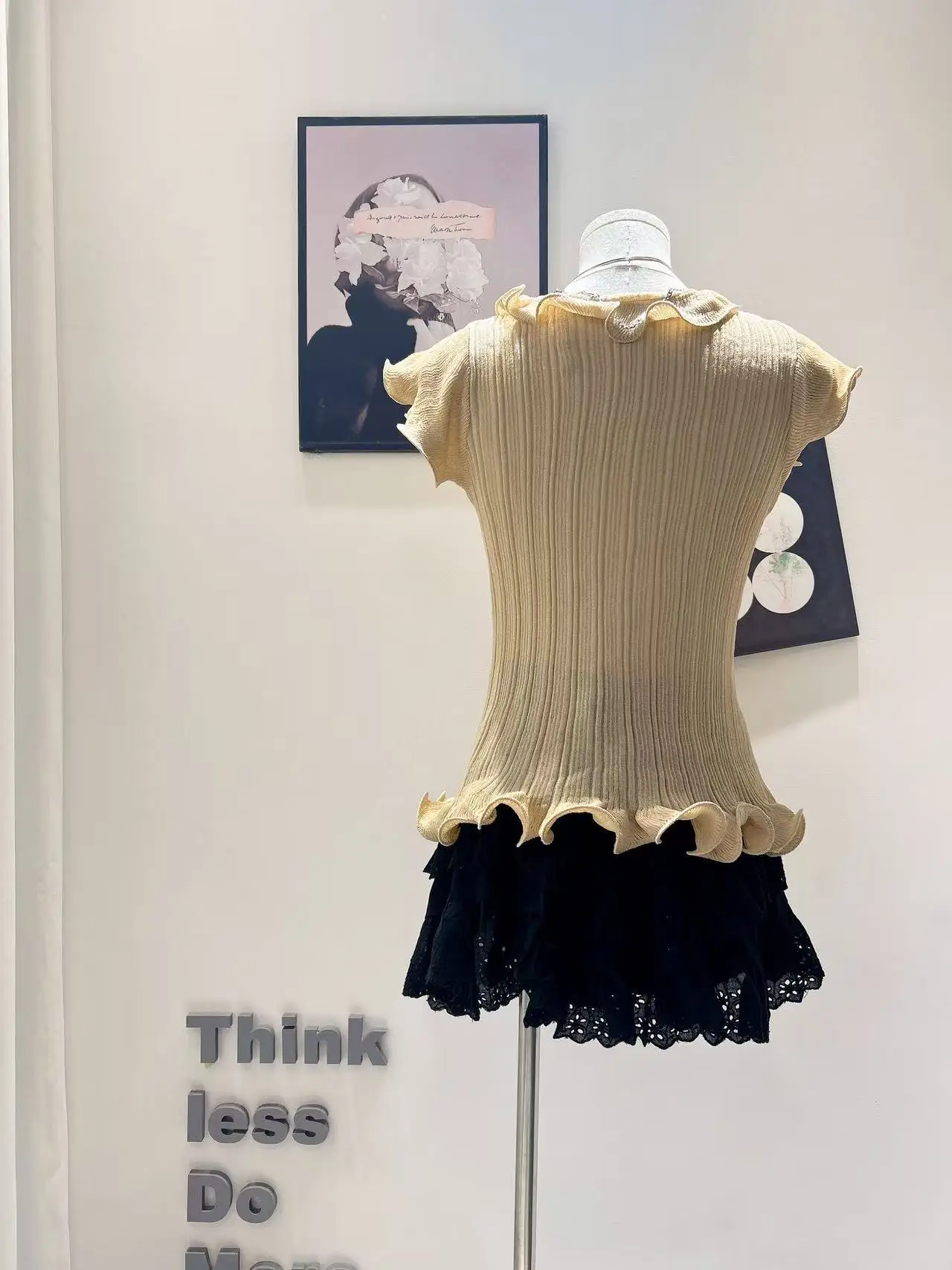 المرأة الصيف أنيقة الخامس الرقبة الكشكشة قصيرة الأكمام محبوك الأعلى سيدة حلوة بلون سليم محبوك أعلى + تحت كاميس #5