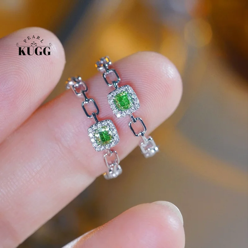 KUGG 100% 18K White Gold Rings Vintage INS Style 0.26carat Real Natural Green Diamond Engagement Ring for Women Wedding Jewelry