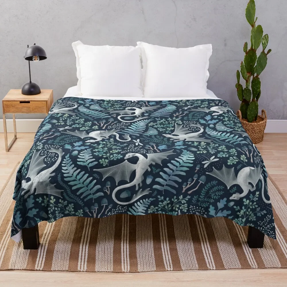 

Forest dragons in shades of blue and green on navy blue Throw Blanket Warm Cozy Throw Blanket for Living Room Couch