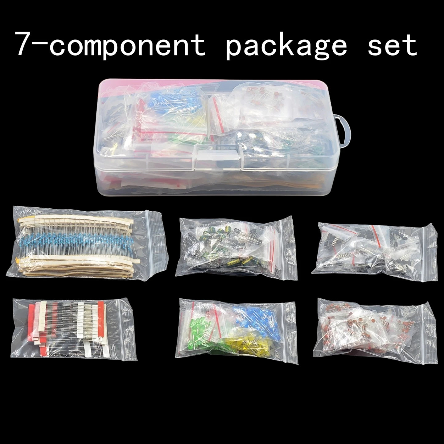 

7-component kit: resistor pack, electrolytic capacitor pack, LED light-emitting diode pack, transistor pack, ceramic capacitor